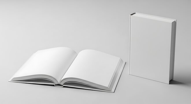 Two blank white books, one open with empty pages and one closed standing upright, on a light grey surface for custom content