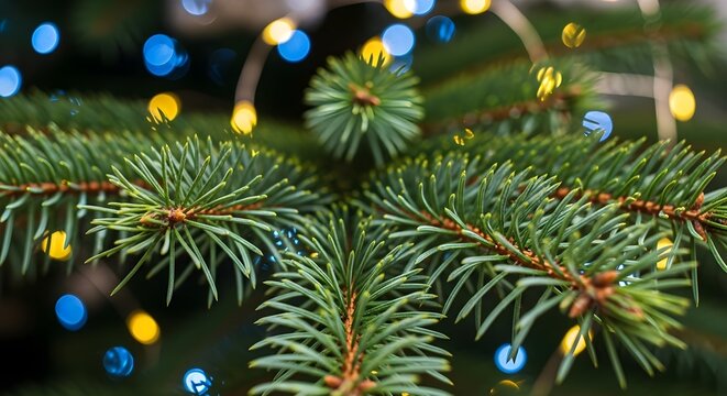 Close up of christmas tree branches with blurred lights background