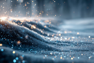 Sparkling winter snow with glitter particles creating magical and festive atmosphere, illuminated by soft warm light and cool blue tones in close up view