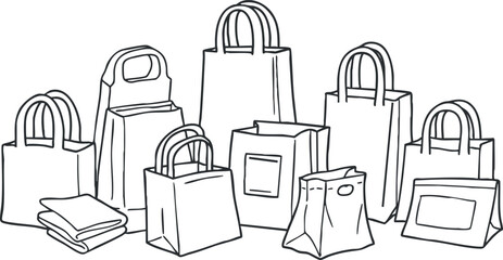 Line art vector illustration of various shopping bags and packaging designs for retail and branding projects