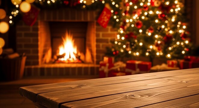 Warm christmas fireplace scene with wooden table for product display or mockup