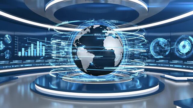 Television studio with globe on floor takes center stage in visually striking image capturing concept of seamless communication and cross cultural exchange, ideal for projects focused on.