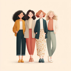 Four stylish women standing together wearing casual modern outfits with relaxed expressions, showcasing diverse hair colors and textures in soft neutral background