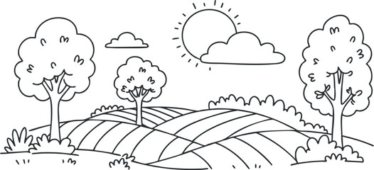 Fototapeta premium Whimsical black and white vector illustration of a tranquil landscape with trees, hills, and a sun for creative projects