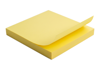 Vibrant yellow stack of square adhesive notes, with a gently peeled top sheet, ideal for quick reminders and organized thoughts, isolated on a pristine white backdrop