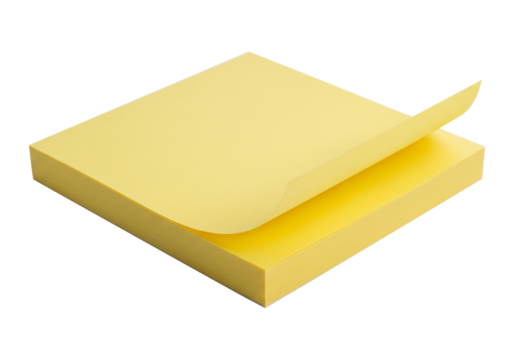 Vibrant yellow stack of square adhesive notes, with a gently peeled top sheet, ideal for quick reminders and organized thoughts, isolated on a pristine white backdrop