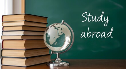 Books and globe against a chalkboard with the words study abroad written on it