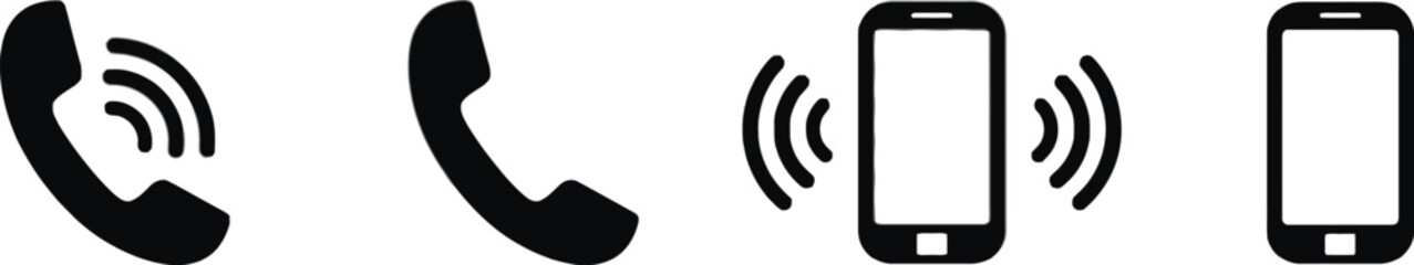 telephone, phone, call, incoming call, ringing, communication, icon, symbol, technology, mobile phone, smartphone, vector, graphic, design, silhouette, black and white, signal, waves, old phone, moder