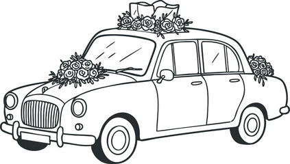Outline vector illustration of a vintage wedding car decorated with flowers, ideal for marriage celebration designs.