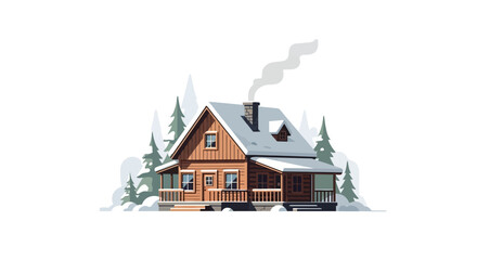 A cozy wooden cabin nestled in a snowy forest with smoke rising from its chimney, depicted in a clean, illustrative style.