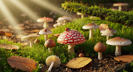 forest floor close-up scene with mushrooms, moss, small insects, glowing morning light