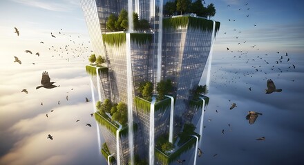 Futuristic skyscraper with cascading waterfalls and lush greenery amidst flocking birds soaring through cloudy skies, illustrating sustainable urban design and architectural innovation,Generated Image