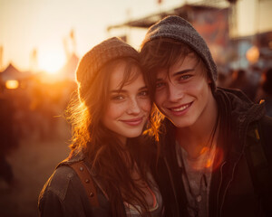 Young couple smiling at outdoor music festival during sunset, wearing casual beanie hats and jackets, enjoying warm light and happy moment together