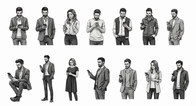 Monochrome People Engaged with Smartphones - A Study in Modern Connection.