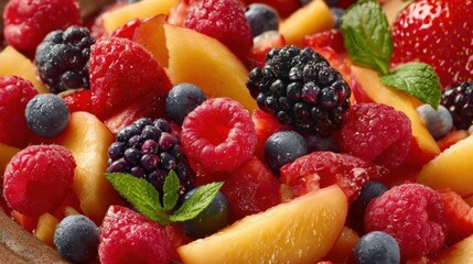 A vibrant bowl of mixed fresh fruits including raspberries blueberries blackberries strawberries and peach slices is displayed at a summer event. Mint leaves add a touch of green.