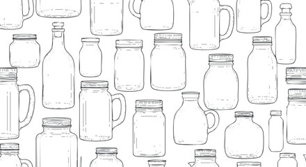 Hand-drawn outline vector illustration of various jars and bottles for kitchen and beverage design projects