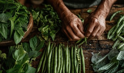 Hands Preparing Fresh Green Beans and Leafy Vegetables in a Rustic Kitchen Setting