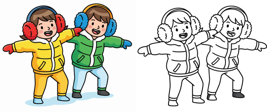 Happy boy and girl wearing winter jackets and earmuffs with open arms Vector illustration isolated on white background