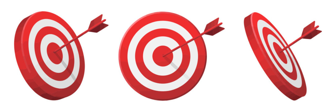 Strategic target hit: three red and white dartboards with arrows striking the bullseye from various angles, representing goal achievement, success, and focus.