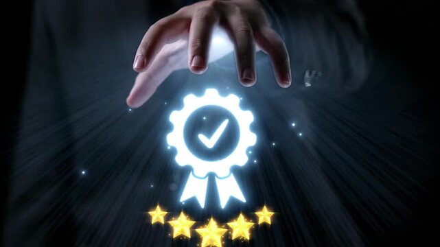 A hand reaches out towards a glowing badge icon symbolizing quality and achievement, surrounded by shining stars. This image represents excellence and recognition. Qubit