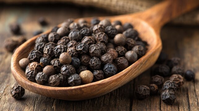 Black peppercorns fill a wooden spoon showcasing their natural texture and colors. The setting features rustic elements adding warmth and charm. A perfect representation of spices in cooking. - Powered by Adobe