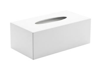 A clean white rectangular tissue box, a common household item for hygiene and comfort, isolated on a plain white background