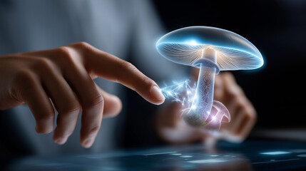 Close-up of fingers touching holographic display with defocused body and clear luminous mushroom structure visible, with copy space