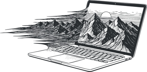 Stylized black and white vector illustration of a laptop with mountains emerging from the screen, symbolizing creativity and exploration.