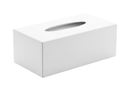 A clean white rectangular tissue box, a common household item for hygiene and comfort, isolated on a plain white background