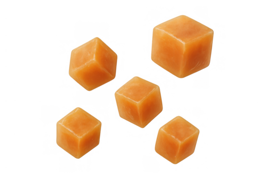 Caramel candy cubes levitating, sweet desserts or treats on transparent background, confectionary sugar snack