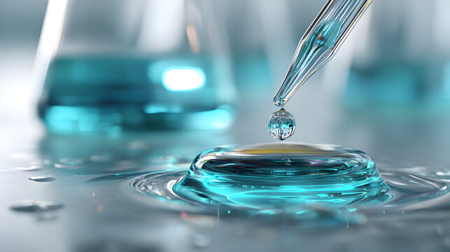 Close-up of scientific experiment with erlenmeyer flasks and droplet for laboratory research design - Powered by Adobe