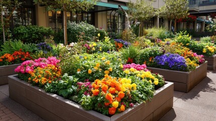 Brightly colored flower beds are blooming with various flowers in a garden space. The setting is lively and inviting showcasing natures beauty during the day.