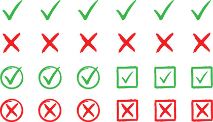 Green Checkmarks and Red Crosses Symbols Set vector illustration