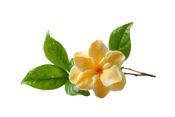 Close-up of a vibrant yellow flower with lush green leaves.  The flower's delicate petals are a soft, pale yellow, and the leaves have a healthy, glossy sheen.  