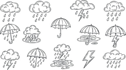 Obraz premium Hand-drawn vector illustration set featuring various weather icons, including rain, thunder, and umbrellas for creative projects
