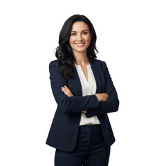 Professional businesswoman confidently posing with arms crossed in a dark suit isolated on transparent background