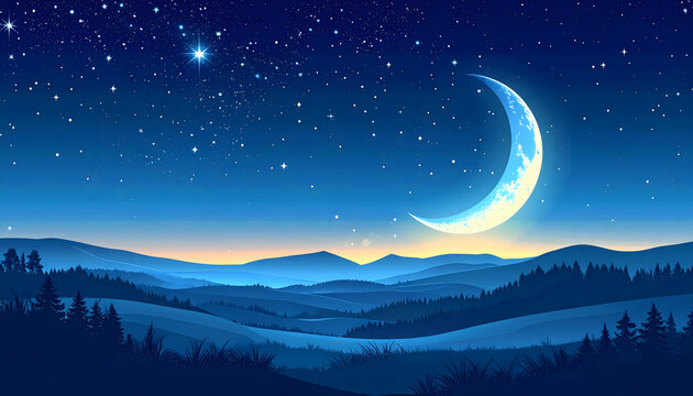 Blue crescent moon above glowing water at night