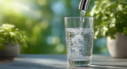 Fresh Water Flows Into a Clear Glass Next to Lush Green Plants in Bright Sunlight