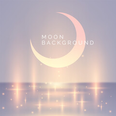 Silver purple white background with luminous elements and crescent moon, inscription Moon background. Light and shadow effects.