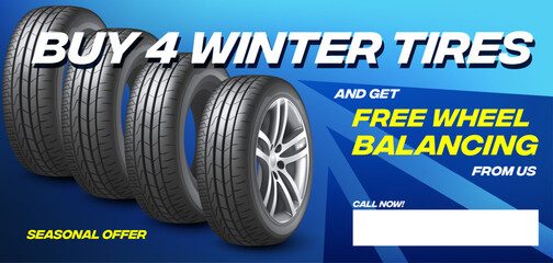 Car tires shop banner with discount offer, blue background. Euro flyer template for winter wheels sale promotion, sporty clean design, automotive service ad, layered and ready for printing
