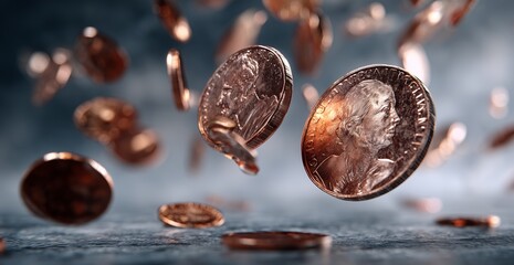 Copper Coins Falling in a Dynamic Motion Against a Blurred Background