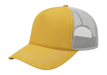 A stylish yellow trucker hat with a white mesh back panel isolated on transparent background