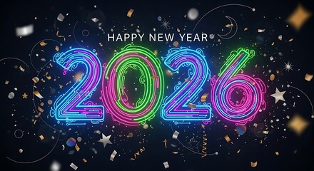 Vibrant neon glow illuminates the arrival of 2026, marking a futuristic new year celebration with dynamic light effects and festive confetti
