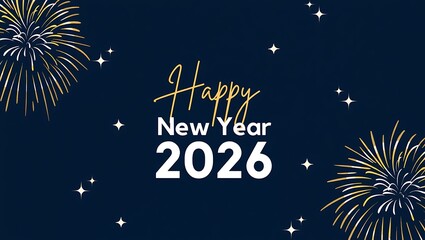 Elegant Happy New Year 2026 greeting card design with sparkling golden fireworks and festive starry elements on a sophisticated dark blue background for celebrations