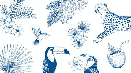Tropical Jungle Animals and Plants Hand Drawn Sketch
