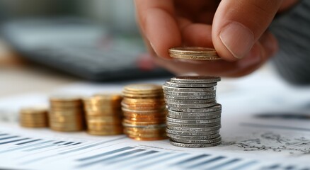 Stacking Coins on Financial Reports During Budgeting Process in a Home Office