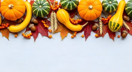 Autumn harvest border with pumpkins, gourds, leaves, and acorns on a white wooden background, creating a warm and inviting seasonal display with copy space