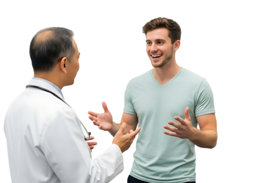 a doctor and a young man are engaged in a friendly conversation gesturing with their hands while looking at each other on transparent