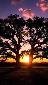 Cinematic wide shot of two magnificent oak trees with perfectly intertwining canopy branches silhouetted against a dazzling warm golden hour sunset sky freedom, metaphor, golden hour