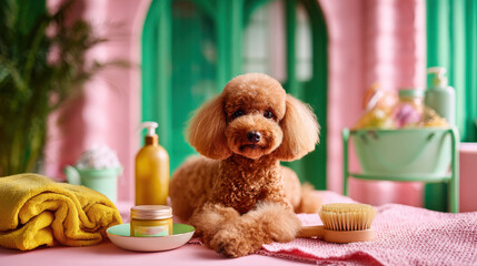 Adorable poodle relaxing at a dog spa, ready for grooming and pampering. A cute poodle is enjoying a spa day with grooming supplies and a relaxing atmosphere